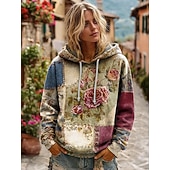  Dame 3D Print Vintage Boho Hoodie Patchwork Hoodie Sweatshirt Floral Pullover Sweatshirt Oversized Varm Aktiv Hettegenser Gate Hverdagsbruk Patchwork Svart Hvit Gul Mørk Rosa Spring Fall Vinter