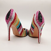 cheap Classic Pumps-Women's Multicolor Rhinestone High Heels - Sparkling Striped Pointed Toe Pumps for Parties, Celebrations, and Special Events