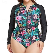 ieftine Rash guards One Piece-Pentru femei Costum de baie One Pieces Protecție anti-erupții cutanate mărime mare Floral Tropical Inchide fermuarul Protecție UV Elastic Manșon Lung Costume de Baie Surfing Plajă Vacanță Vară