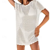 preiswerte Strandkleider-Damen Badeanzug Überwurf Bademode Ausschnitt Gehäkelt Urlaub Strandbekleidung Einfach Rundhals Kurze Ärmel Badeanzüge
