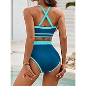 levne Sady bikin-Dámské bikini dvoudílné plavky barevné bloky slipové štíhlé bez zad dovolená plážové oblečení pruhovaný halterneck bez rukávů