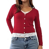 baratos Camiseta lisa-Mulheres Blusa Renda Patchwork Botões Côr Sólida Elegante à moda Casual Manga Longa Decote V Tops regulares Diário Preto Rosa Vermelho Marron Verde Primavera Outono Inverno
