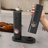 baratos Eletrodomésticos de Cozinha-Moedor elétrico de sal e pimenta, alimentado por bateria (pilhas não incluídas), pacote com dois moedores e base. Possui luz LED branca prática, ajuste de moagem, operação com um único botão e um