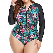 ieftine Rash guards One Piece-Pentru femei Costum de baie One Pieces Protecție anti-erupții cutanate mărime mare Floral Tropical Inchide fermuarul Protecție UV Elastic Manșon Lung Costume de Baie Surfing Plajă Vacanță Vară