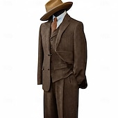 abordables Trajes formales-De los hombres Trajes de tweed Negocio Boda Azul Piscina Caqui Claro Otoño invierno Traje Solapa de Pico Negocios Retro Antiguo Espiga A Medida Juego de 3 piezas Recto 2 botones