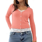 baratos Camiseta lisa-Mulheres Blusa Renda Patchwork Botões Côr Sólida Elegante à moda Casual Manga Longa Decote V Tops regulares Diário Preto Rosa Vermelho Marron Verde Primavera Outono Inverno