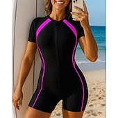 お買い得  ワンピースラッシュガード-女性用 ラッシュガード 水着 ワンピース カラーブロッキング ジッパーを閉める UVプロテクション 弾性ある 半袖 スイムウェア サーフィン ビーチ 水泳 夏