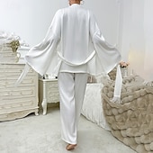 halpa Naisten yöasut-Naisten Yöpuvut loungewear Muoti Romanttinen Vapaa-aika Puhdas väri Satiini Silky Pyjama Pyjama Rypytetty Solmittava Housut Koti Loma Sänky Pitkähihainen V kaula-aukko Valkoinen Kesä Kevät Loose Fit