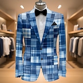 cheap Men's Printed Blazers-Men's Plaid Blazer Jacket Coat Fashion Comfortable Breathable Artistic Casual Daily Party Evening Wear Pocket 3D Print Buttons All Seasons Notch Long Sleeve Blue Purple Green
