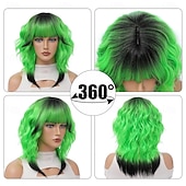  Grüne Perücken synthetische Perücke lockig mit Pony maschinell gefertigte Perücke kurze schwarze  dunkelgrüne synthetische Haare Frauen natürliche Party schwarz-grün Ombre