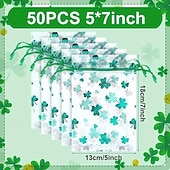  50 sztuk torebek prezentowych na Dzień Świętego Patryka, zielone torebki organzowe z wzorem koniczyny i liści na biżuterię, upominki na przyjęcia, dwa rozmiary 3,9 x 5,9 cala &5x7 cali