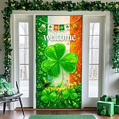 cheap Holiday Tapestries-St. Patrick's Day Door Cover, Irish Flag Background with Giant Clover, "Welcome" Greeting, Festive Entrance Decoration for St. Patrick's Day Celebration.