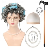 abordables Pelucas de fiesta-Peluca de anciana con rulos, collar de perlas, pendientes y bastón para mujeres y niñas, disfraz de abuela para cosplay de 100 días de escuela, accesorio para fiesta de Halloween