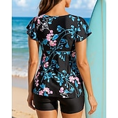 billige Surfing Tankinis og Bikinier-Dame Badedrakt 2 deler Badedrakter Blomstret V-hals Utsvingt erme UV Beskyttelse Elastisk Kortermet Badetøy Surfing Strand Svømming Sommer