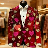 cheap Men's Printed Blazers-Valentine's Day Men's Heart Blazer Jacket Coat Fashion Comfortable Breathable Artistic Casual Daily Party Evening Wear Festival 3D Print Buttons Multi Pocket All Seasons Notch Long Sleeve Red 1 Red 2