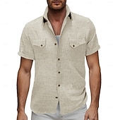 voordelige Klassiek-Voor heren Overhemd Linnen overhemd Zomer overhemd Strand Kleding Effen Kleur Casual Vakantie blauw Marineblauw Hemelsblauw Abrikoos Korte mouw Overhemdkraag Zomer Lente Kleding