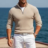 voordelige Heren Klassieke Polo-Voor heren Wafel Poloshirts Met Textuur Casual Buiten Kwart ritssluiting Lange mouw Modieus Modern Effen Kleur Effen Gebreid Herfst winter Zomer Lente Strak Donker Bruin Wit Wijn Marineblauw