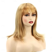 baratos Perucas capless de cabelo natural-Mistura do cabelo humano Peruca Médio Liso Prumo Com Franjas Loiro Ajustável Designers Melhor qualidade Sem Touca Cabelo da Birmânia Mulheres Loiro Morango / Loiro Claro 14 polegadas Roupa Diária