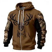 cheap Hunting Hoodies-Men Zip Up Hoodie Deer Head Line Art Graphic Camouflage Sleeves Tactical Hunting Sweatshirt Army Green Outdoor Jacket Clothing Apparel S M L XL XXL XXXL