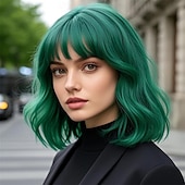  Parrucche Verdi Parrucca Sintetica Riccia con Frangia Parrucca Fatta a Macchina Corto Verde Capelli Sintetici Donne Festa Naturale Verde