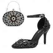 preiswerte Klassische Pumps-Damen Cocktail Club Party Strass Kristall Schnalle Stiletto Spitze Zehe Mode Niedlich luxuriös PU Schnalle Silber Rot orange Schwarz und Violett