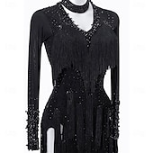 cheap Competition Dress-Latin Dance Dress Tassel Splicing Crystals / Rhinestones Women's Training Performance Long Sleeve High Spandex Polyester