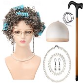 abordables Pelucas de fiesta-Peluca de anciana con rulos, collar de perlas, pendientes y bastón para mujeres y niñas, disfraz de abuela para cosplay de 100 días de escuela, accesorio para fiesta de Halloween