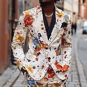 お買い得  メンズプリントブレザー-男性用 カラーブロック ブレザージャケット コート ファッション 快適 高通気性 カジュアル 日常 ストリートウェア カジュアル ポケット 3Dプリント ボタン オールシーズン ノッチドラペル 長袖 ブルー ブラック ホワイト