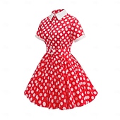 preiswerte Kleider-1950er Retro Vintage Rockabilly Knielang Swing-Kleid Ausgestelltes Kleid Kurze Ärmel Tupfen Tailliert und ausgestellt Kostüm Mädchen Karneval Valentinstag Lässig Heimkehr Retro-Mottoparty Kinder Kleid