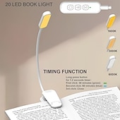 baratos Luzes de leitura-Luz de leitura recarregável, ideal para leitura na cama, equipada com 20 LEDs e função de memória, 3 temperaturas de cor, 5 níveis de brilho, haste flexível, leve e com clipe.