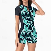 preiswerte One Pieces Rash Guards-Damen Anti UV Shirt Badeanzug Einteilige Patchwork Tropisch Leoprint Reißverschluss Spandex UV Schutz Hohe Elastizität Kurzarm Bademode Surfen Tauchen Schnorcheln Sommer