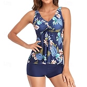 Χαμηλού Κόστους Surfing Tankinis και Bikinis-Γυναικεία Μαγιό Τανκίνι Δύο Κομμάτι Μαγιό Φλοράλ Τροπικό Έλεγχος κοιλιάς Ελαστικό Αμάνικο Μαγιό Σέρφινγκ Παραλία Διακοπές Καλοκαίρι