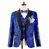 cheap Ring Bearer Suits &amp; Outfits-Ring Bearer Suit Boys' Kids Suit Blazer &amp; Vest &amp; Pants &amp; Shirt &amp; Tie Boy's Formal Suit Casual Outdoor Party Fashion Cool Basic Solid Color Sequins Pocket Buttons Royal Blue Polyester