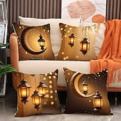 baratos Jogue travesseiros, inserções e capas-Capa de almofada decorativa para o Ramadã e Eid, lua crescente dourada &amp;Almofada de sofá em estilo étnico com estampa de lanternas, decoração para festivais do Oriente Médio, ideal para sala de estar