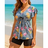 お買い得  サーフィンタンクiniとビキニ-女性用 水着 2個 フラワー Ｖネック フレアスリーブ UVプロテクション 弾性ある 半袖 スイムウェア サーフィン ビーチ 水泳 夏