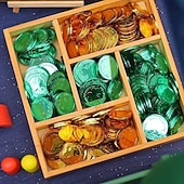 tanie Dzień Świętego Patryka-Złote monety na dzień św. Patryka - 100/200 sztuk złotych zielonych monet na szczęście, plastikowe monety koniczyna skrzat, moneta z 3-listną koniczyną do dekoracji i upominków na imprezę