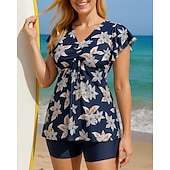 economico Surfing Tankinis &amp; Bikinis-Per donna Costume da bagno 2 pezzi Costumi da bagno Floreale Scollo a V Manica svasata Protezione UV Elastico Manica Corta Costume da Bagno Surf Spiaggia Nuoto Estate