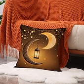 cheap Throw Pillows,Inserts &amp; Covers-Ramadan Eid Throw Pillow Cover, Gold Print Lantern &amp; Oil Lamp, Middle Eastern Festival Decor, Sofa Cushion for Living Room and Prayer Room, Seat Pillow