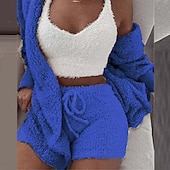 cheap Women's Loungewear-Women's Hooded Pajama Sets 3 Pieces Fluffy Fleece Long Sleeves Coat Shorts Vest for Winter Gift for Valentine's Day