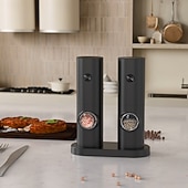 baratos Eletrodomésticos de Cozinha-Moedor elétrico de sal e pimenta, alimentado por bateria (pilhas não incluídas), pacote com dois moedores e base. Possui luz LED branca prática, ajuste de moagem, operação com um único botão e um