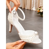 economico sposa-sandali da sposa con tacco alto decorati con perle e cinturino alla caviglia, eleganti scarpe da sposa aperte per la sposa, tacchi di lusso decorati con perle per la cerimonia &amp;ricezione
