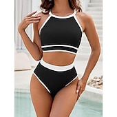 levne Sady bikin-Dámské bikini dvoudílné plavky barevné bloky slipové štíhlé bez zad dovolená plážové oblečení pruhovaný halterneck bez rukávů