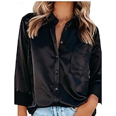 baratos Blusas Simples-Mulheres Blusa Botões Côr Sólida Elegante Diário à moda Manga Longa Colarinho de Camisa Tops regulares Diário Azul Preto Branco Vinho Bege Verão Outono