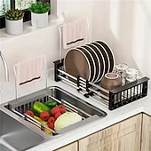olcso Tárolóállványok-bővíthető rozsdamentes acél mosogató fölé helyezhető edénytartó &amp;Összecsukható csepegtetőkosár konyhai szervező edényekhez, poharakhoz és zöldségekhez, többszintes kialakítás a hatékony mosáshoz és