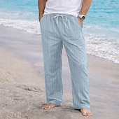 cheap Holiday-Men's Linen Pants Trousers Summer Pants Baggy Pants Drawstring Elastic Waist Straight Leg Striped Comfort Breathable Full Length Casual Daily Holiday Fashion Classic Style Blue Black Micro-elastic
