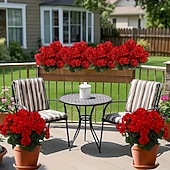 levne Umělé květiny-6 větví, kytice z umělých pelargónií odolných proti UV záření, 30 stonků/větví, zářivě červené květy s bujným zeleným olistěním, realistická plastová dekorace do interiéru/venkovního prostředí,