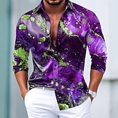 preiswerte Herren Satin Hemd-Herren Marmor Abstrakte Kunst Farbblockierung Hemd Satinhemd Kleidhemd Langarm Modisch lässig Urlaub Alltagskleidung Sommer Frühling Herbst Umlegekragen 3D-Druck Hemden mit Knopfleiste Blau Purpur