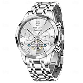 halpa Mekaaniset kellot-OLEVS miesten automaattikello nahkahihna kalenteri luurankokellotaulu trendiklassikko vedenkestävä Moonswatch rannekello 7009