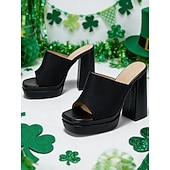  Sapatos mule de plataforma verdes femininos, sapatos de festa de cetim com bico aberto para o Dia de São Patrício.