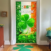 cheap Holiday Tapestries-St. Patrick's Day Door Cover, Irish Flag Background with Giant Clover, "Welcome" Greeting, Festive Entrance Decoration for St. Patrick's Day Celebration.